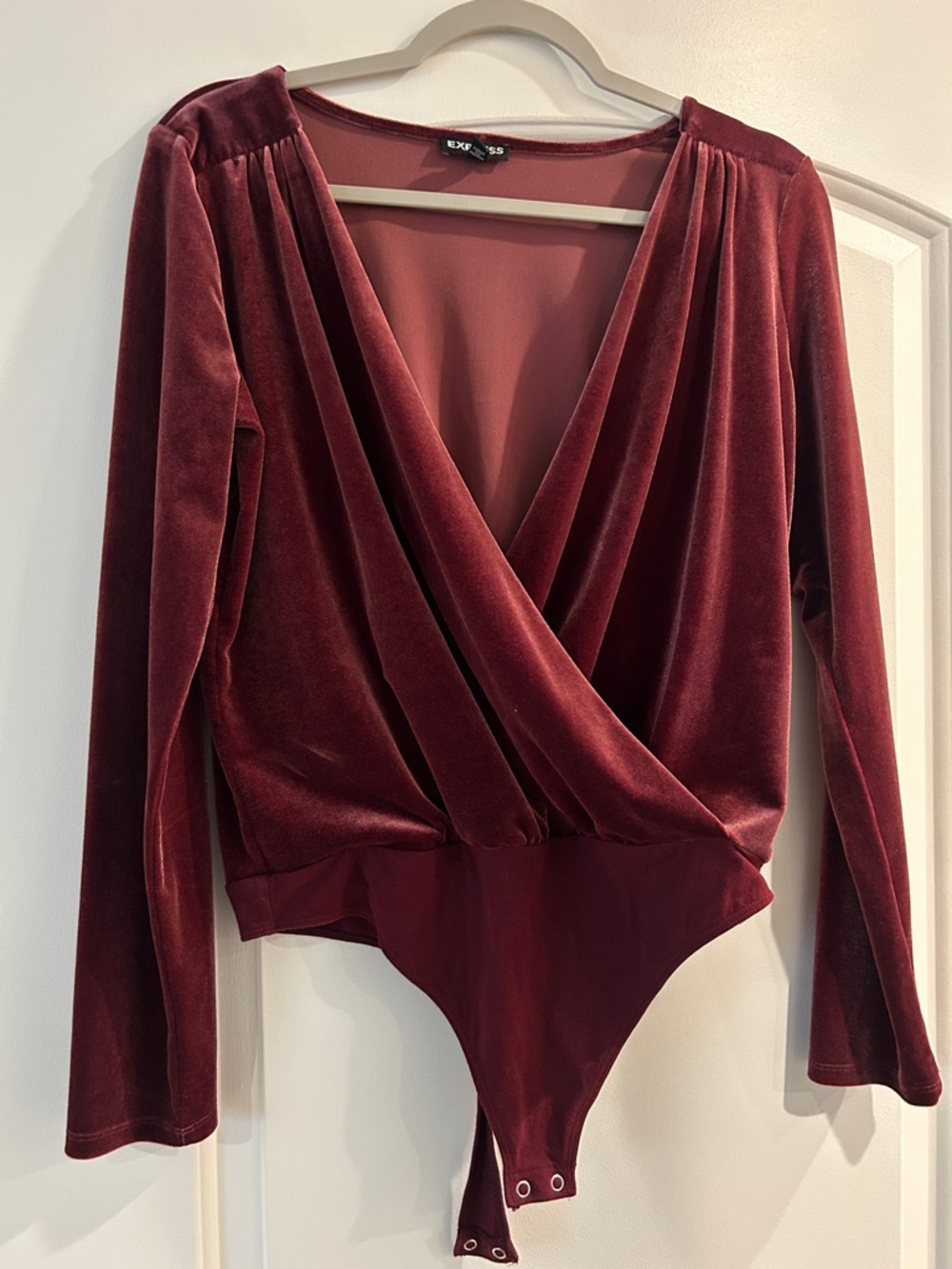 Express Velvet Surplice Bodysuit in Wine